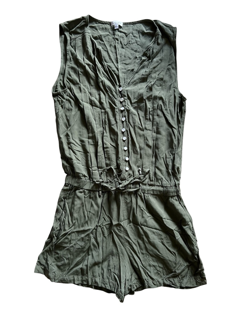 Splendid Rayon Voile Pleated Romper in Olive Green | Medium